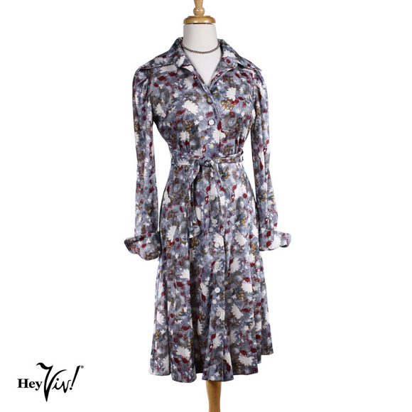 Vintage Silver Grey Floral Print Dress w Long Sleeves Tie Belt Size M - Hey Viv - Picture 1 of 7